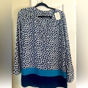 DOLCEZZA Navy blue  and White 3/4 Sleeve Blouse with Mandarin Collar